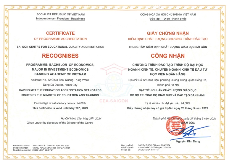 Giấy chứng nhận kiểm định chất lượng CTĐT ngành Kinh tế - chuyên ngành Kinh tế đầu tư